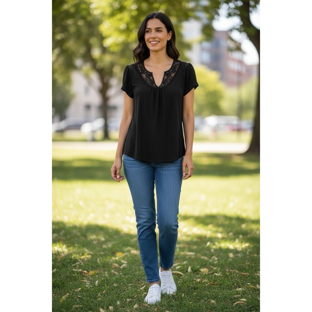 Sonoma Life + Style Black Short Sleeves Women’s Top Size S Retro Y2K Lace V-neck